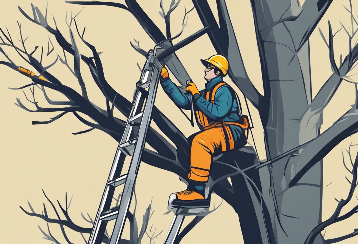 A person stands on a ladder, trimming branches from a tree. They wear safety gear and use proper tools. Nearby, a pile of cut branches sits on the ground