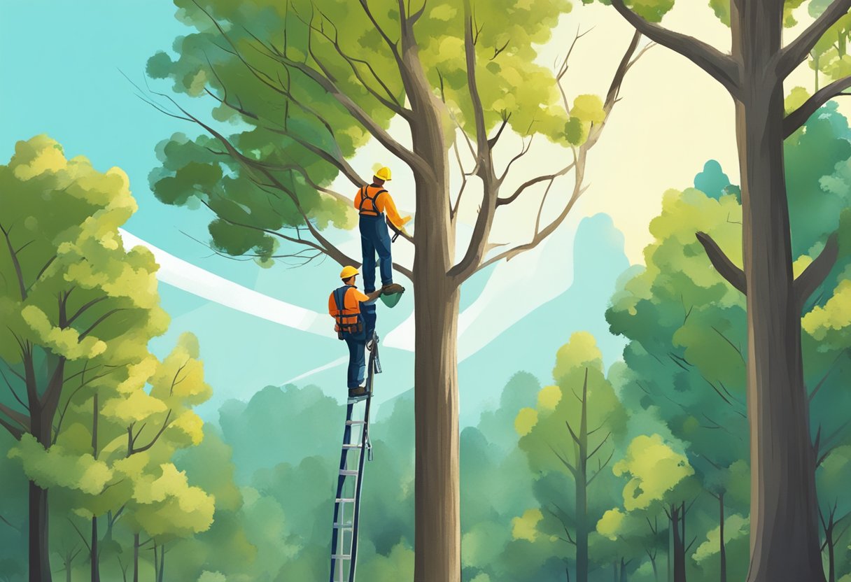 A person stands beneath a tall tree, holding a saw and looking up at the branches. Nearby, a professional tree trimmer works on another tree with specialized equipment