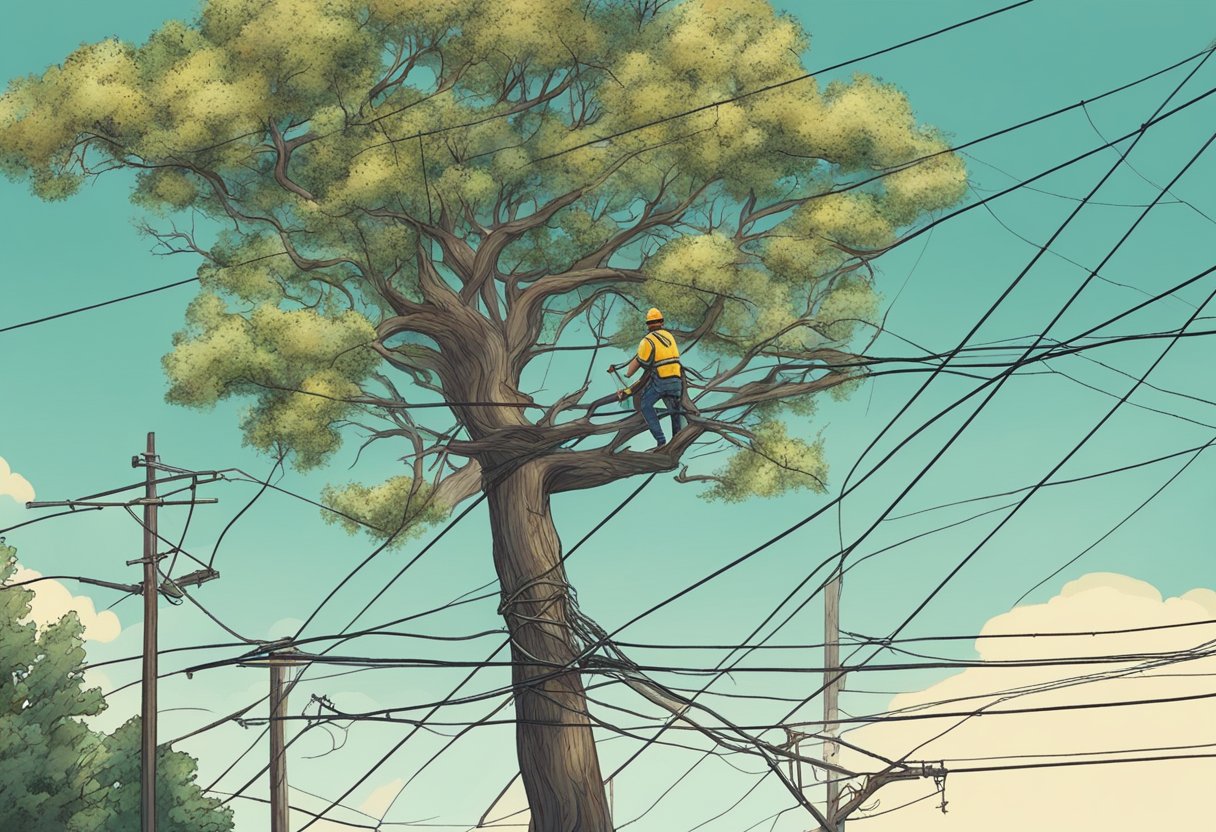 A tree with overgrown branches, some dangerously close to power lines. A person attempting DIY trimming with inadequate tools