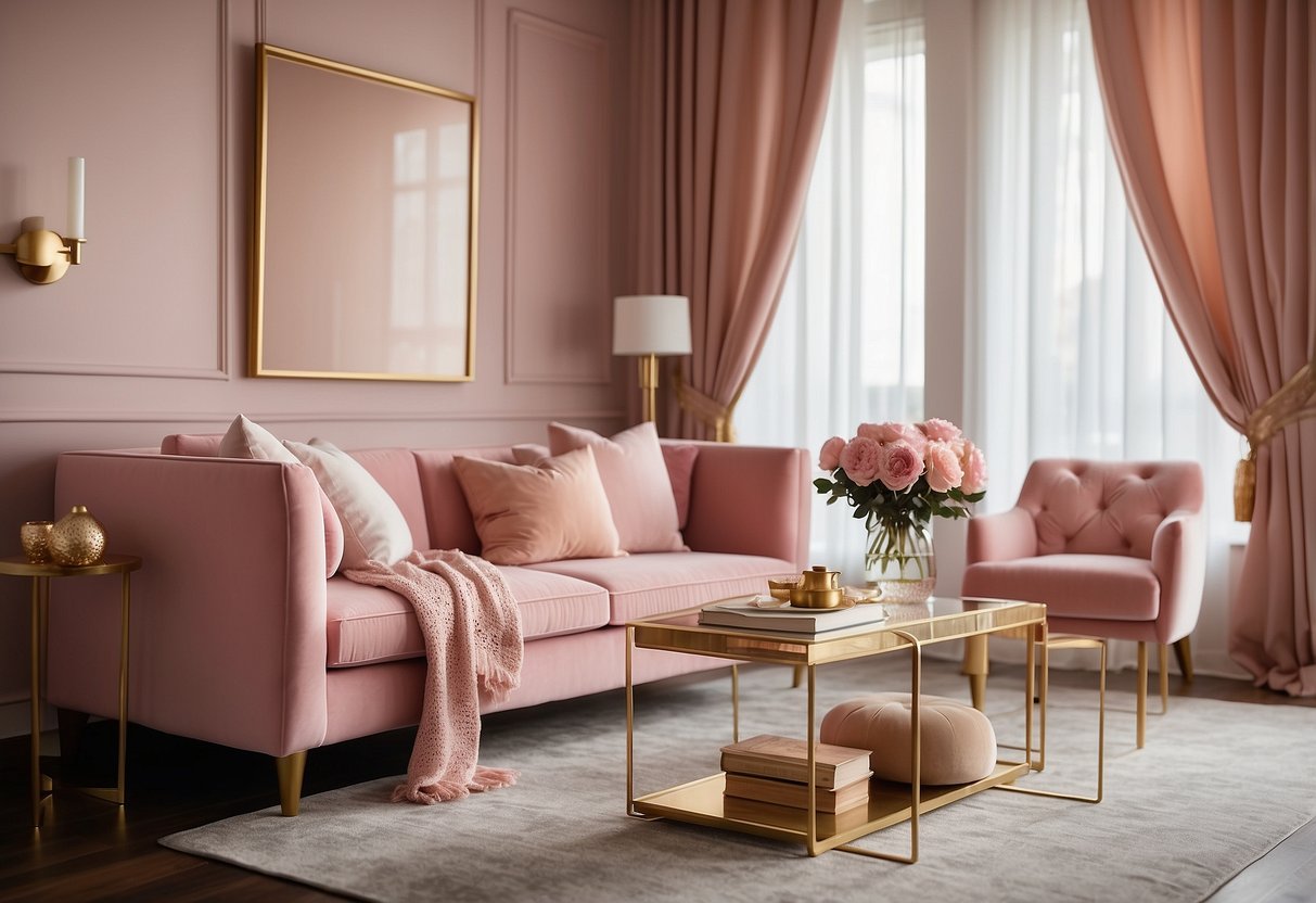 A cozy living room with blush pink and gold accents. A plush pink sofa with gold throw pillows, a gold coffee table, and pink curtains