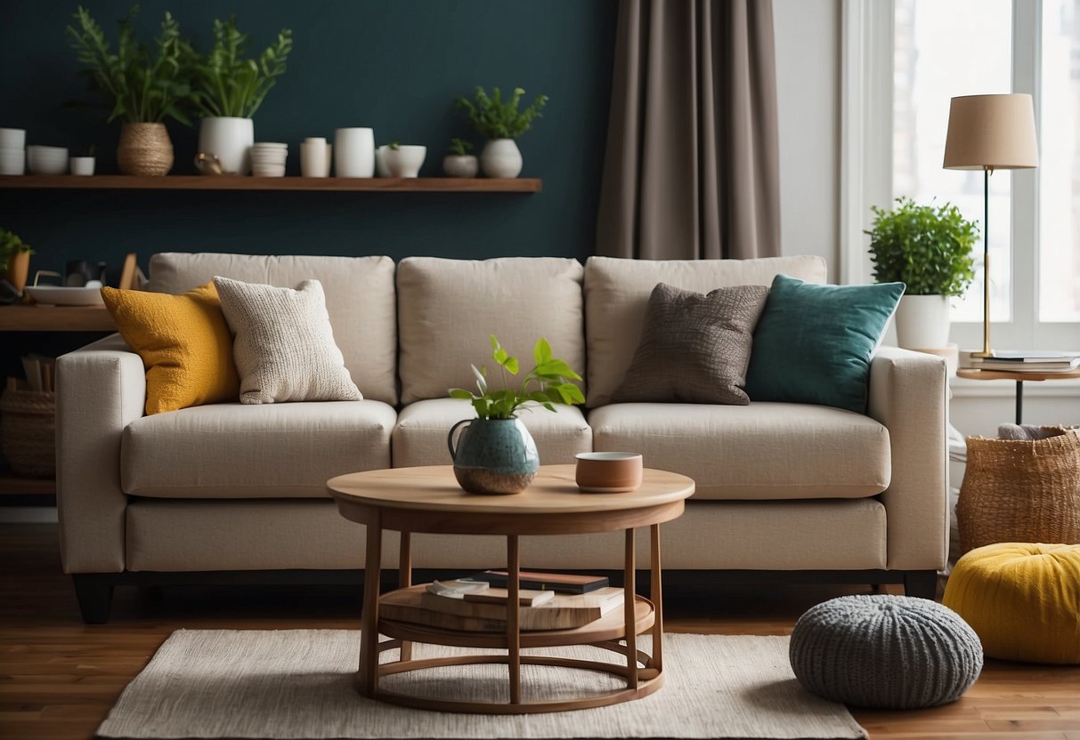 A cozy living room with a variety of decorative pillows arranged on a plush sofa, adding color and texture to the space