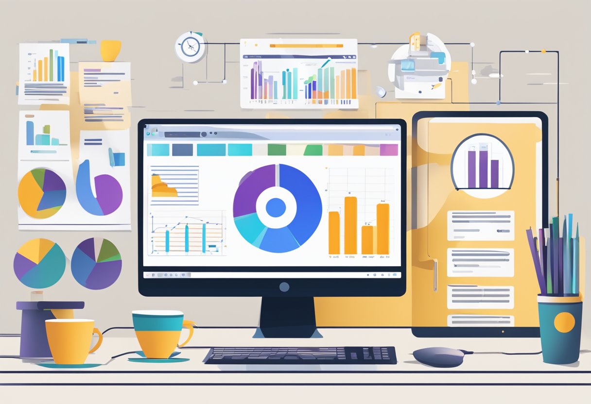 A computer screen displaying the contentatscale.ai website with various charts and graphs, surrounded by a modern office desk with a keyboard, mouse, and coffee cup