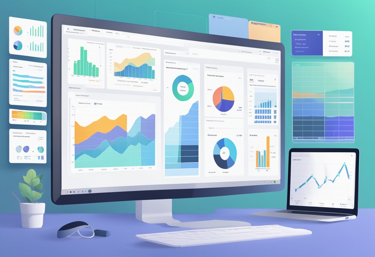 A computer screen displaying the contentatscale.ai platform with various data visualization tools and analytics charts