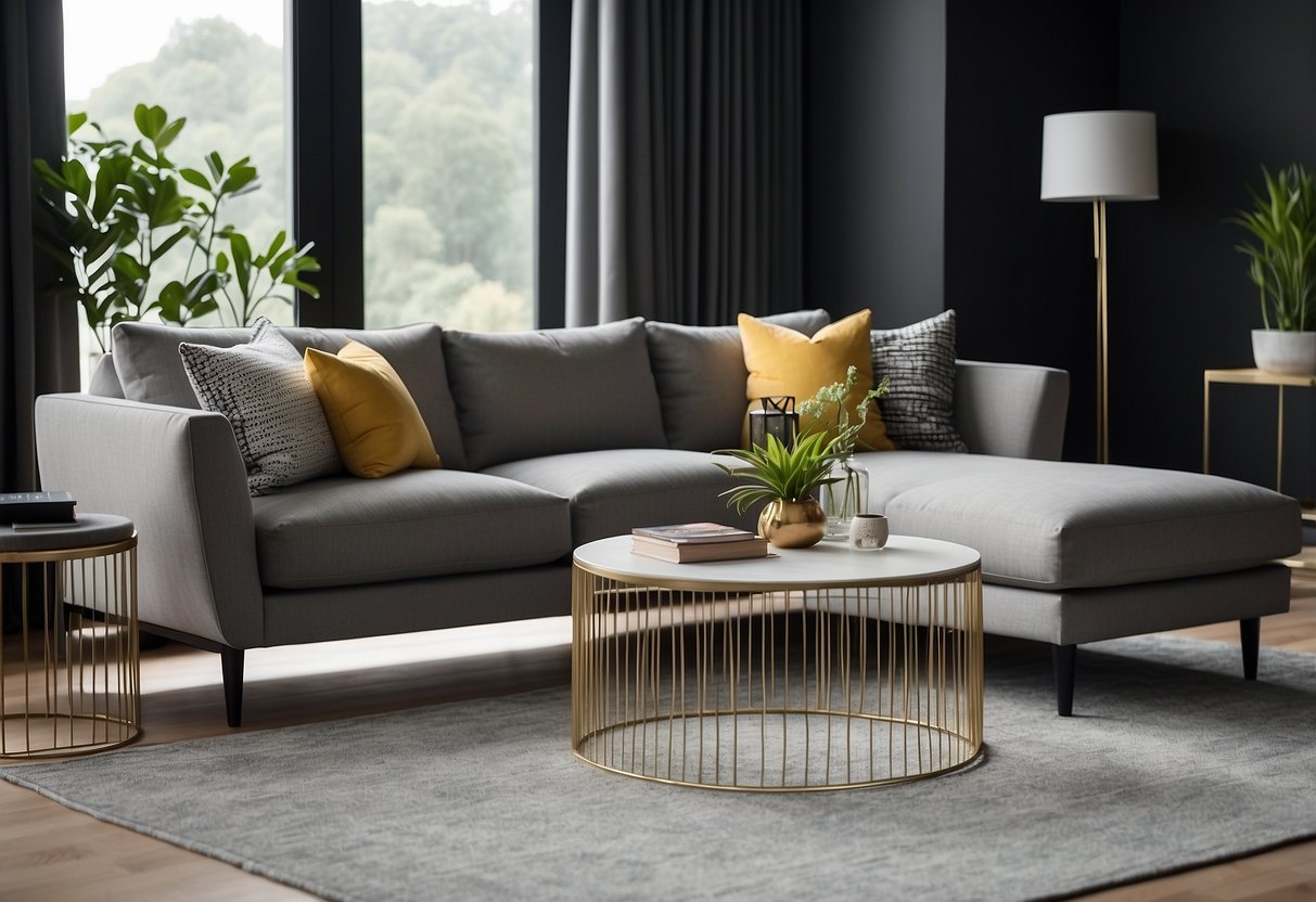 A modern living room with a sleek grey sofa adorned with a geometric lumbar pillow, adding a pop of color and texture to the space