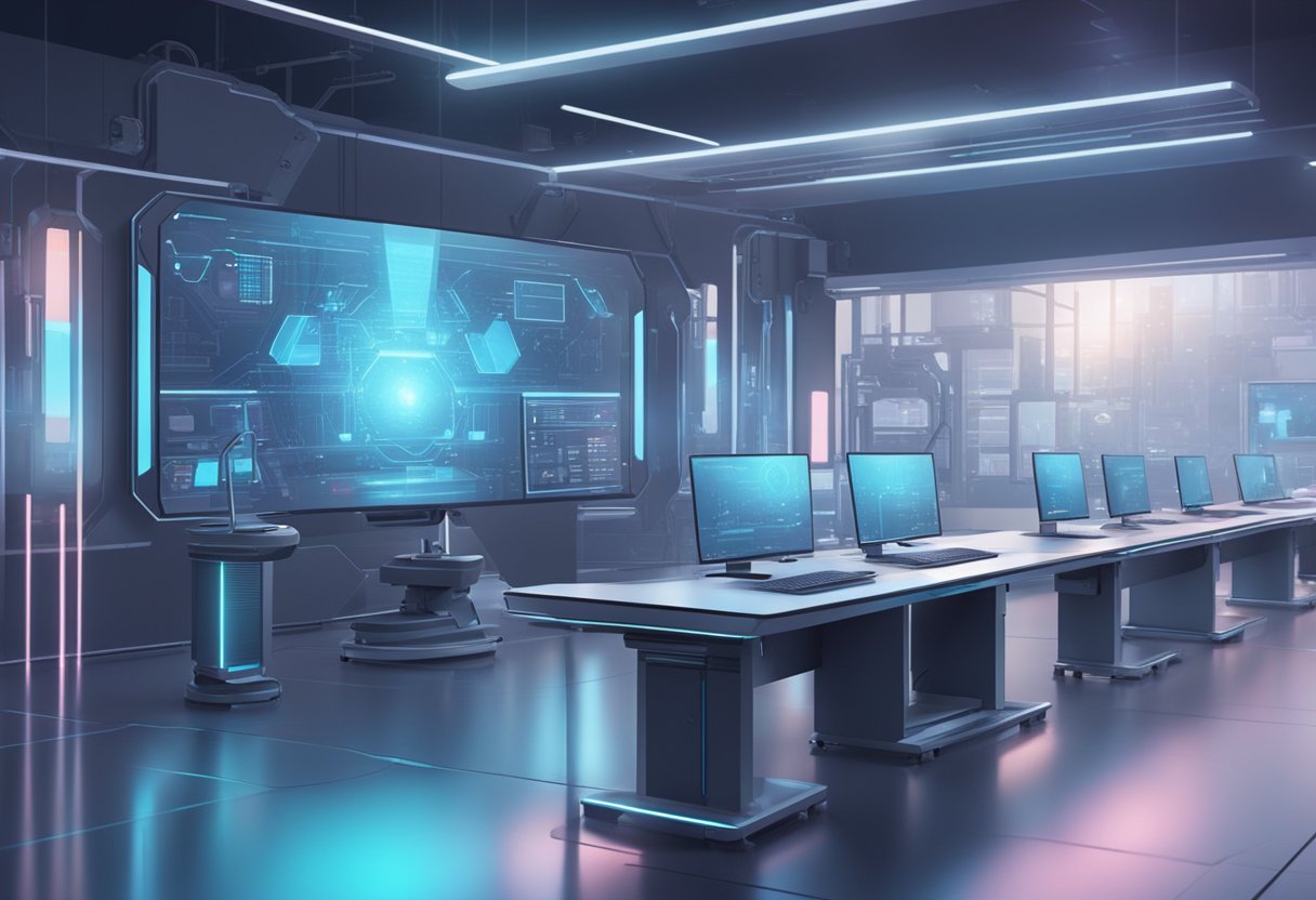 A futuristic AI technology lab with holographic displays and advanced machinery