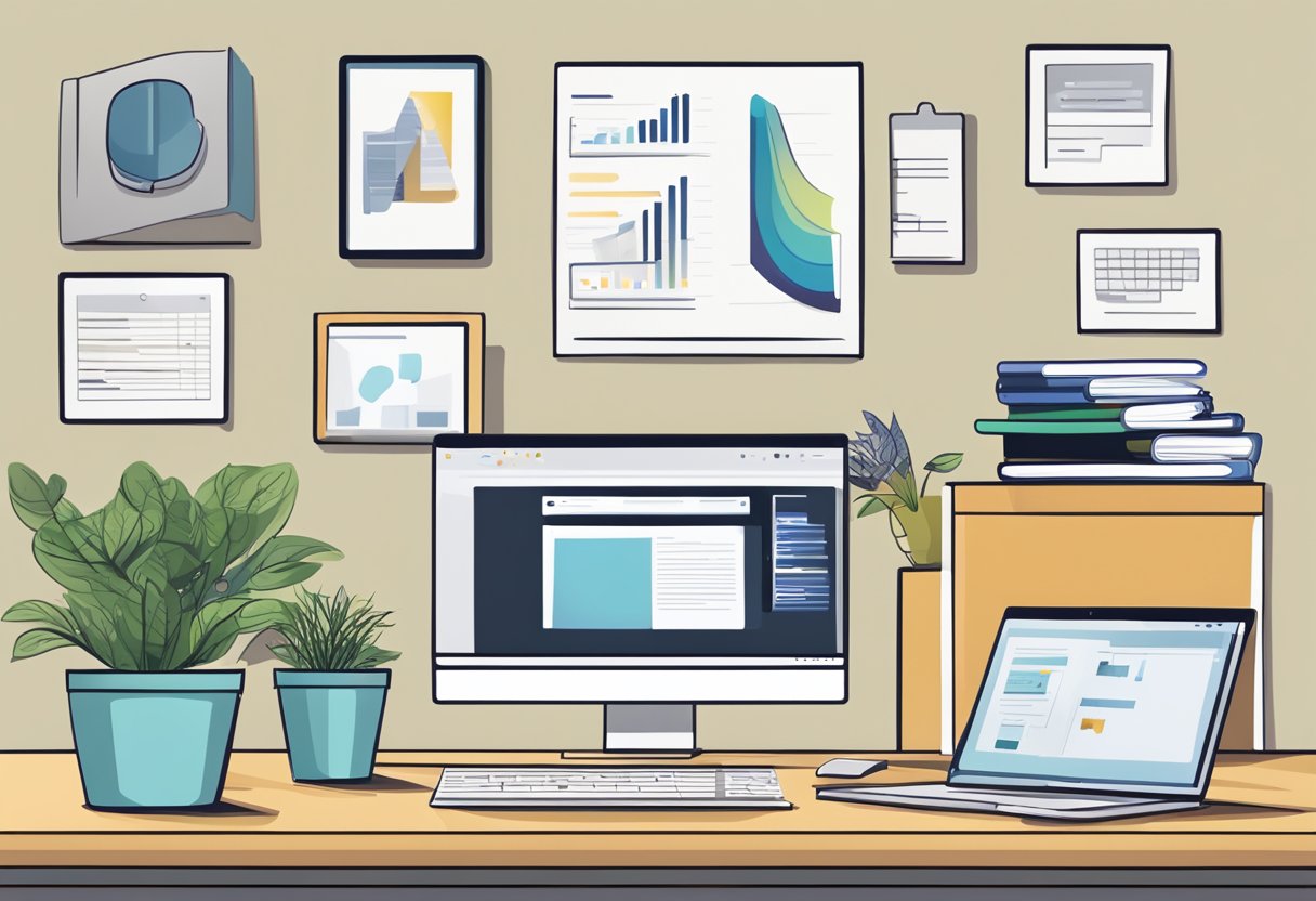 A modern office desk with a computer, files, and a content management system displayed on the screen. A cup of coffee and a potted plant sit nearby