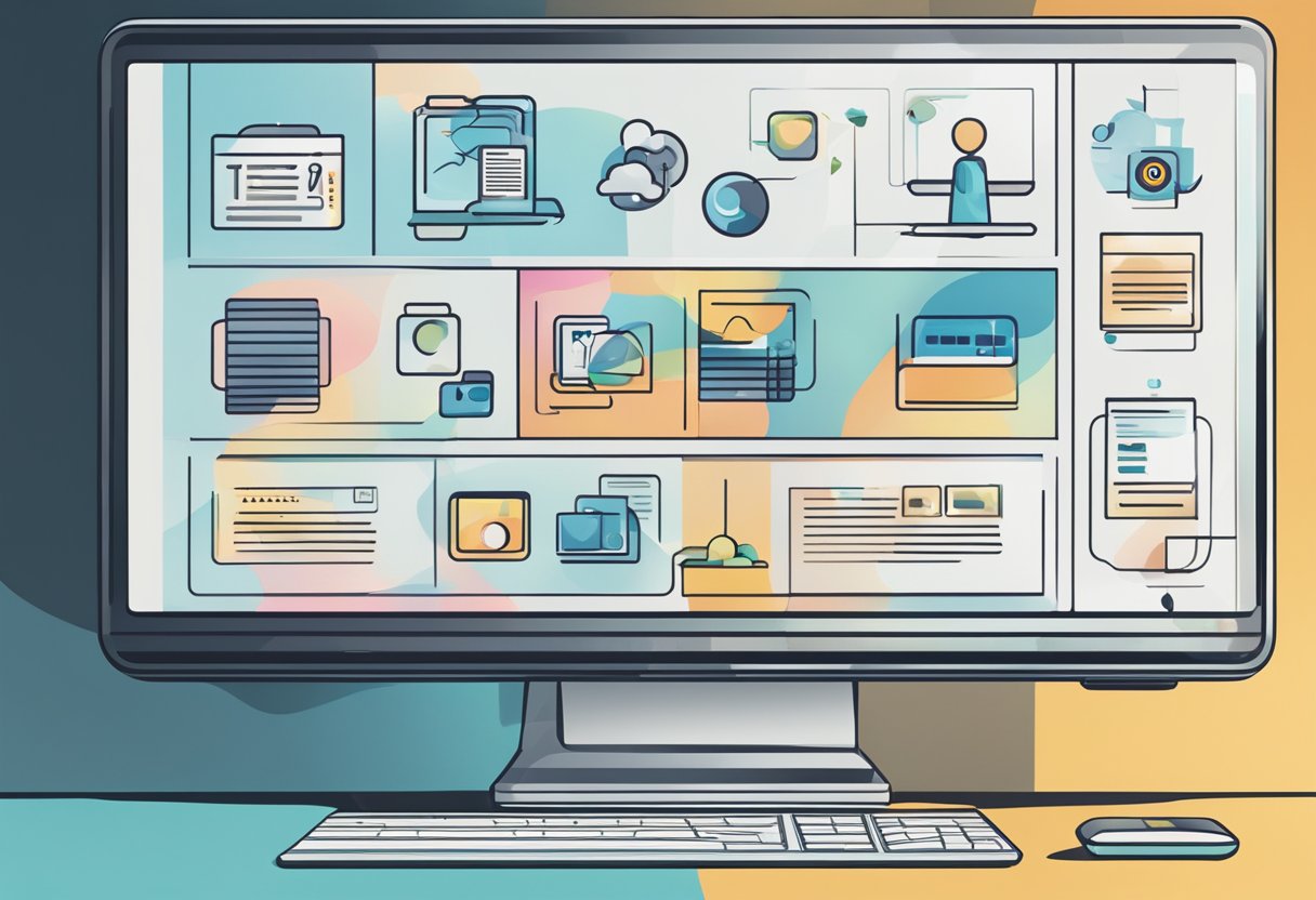 A computer screen displaying various multimedia content strategies with a stylized logo in the background