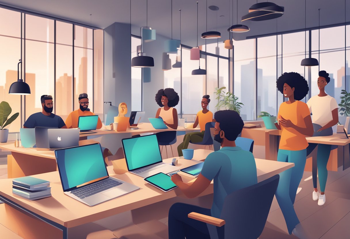 A group of diverse people engage with digital content on various devices in a modern, open-concept office space