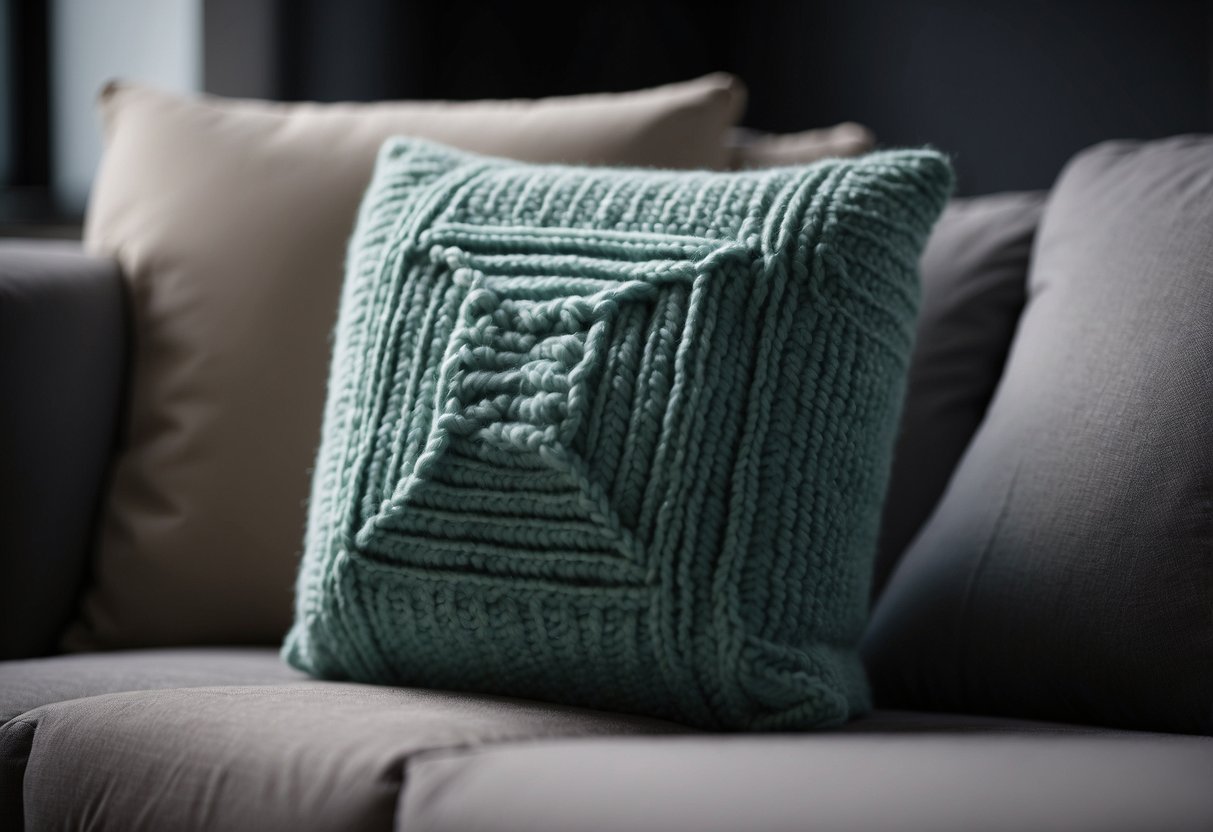 A cozy knitted cube pillow sits on a modern sofa, adding warmth and texture to the home decor