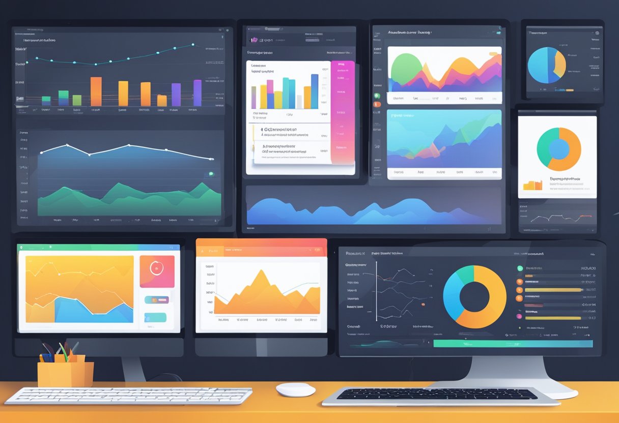 A computer screen displays data visualizations and charts, surrounded by multiple open tabs showing analytics tools and performance metrics