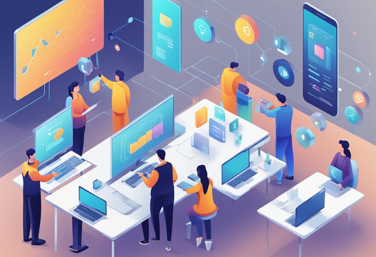 AI and human working together, sharing data and ideas, surrounded by technology and digital interfaces