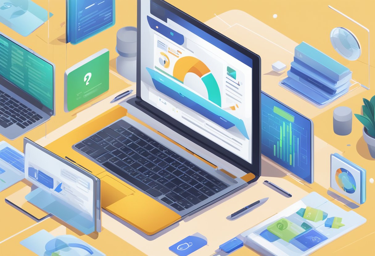 A laptop displaying "Frequently Asked Questions contentatscale.ai" with a stylized logo in the background