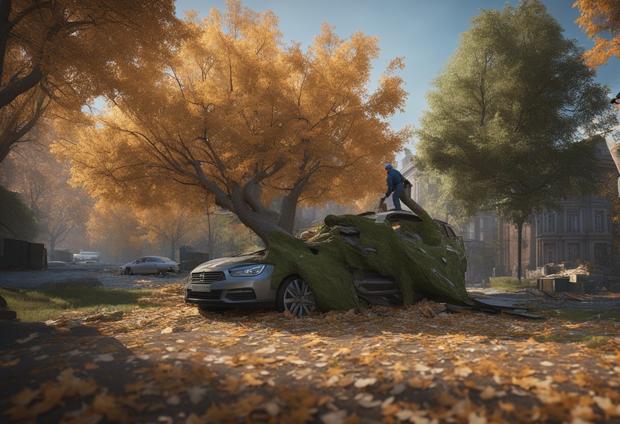 Pest-infested tree with visible damage, surrounded by fallen leaves and debris. Nearby, a tree care professional assesses the situation with tools in hand