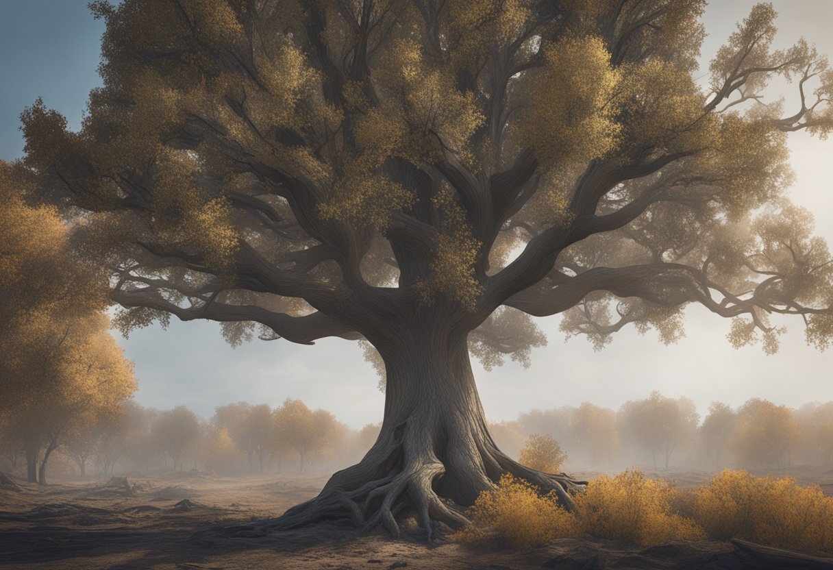 A withered tree surrounded by pollution, drought, and pests in North Carolina