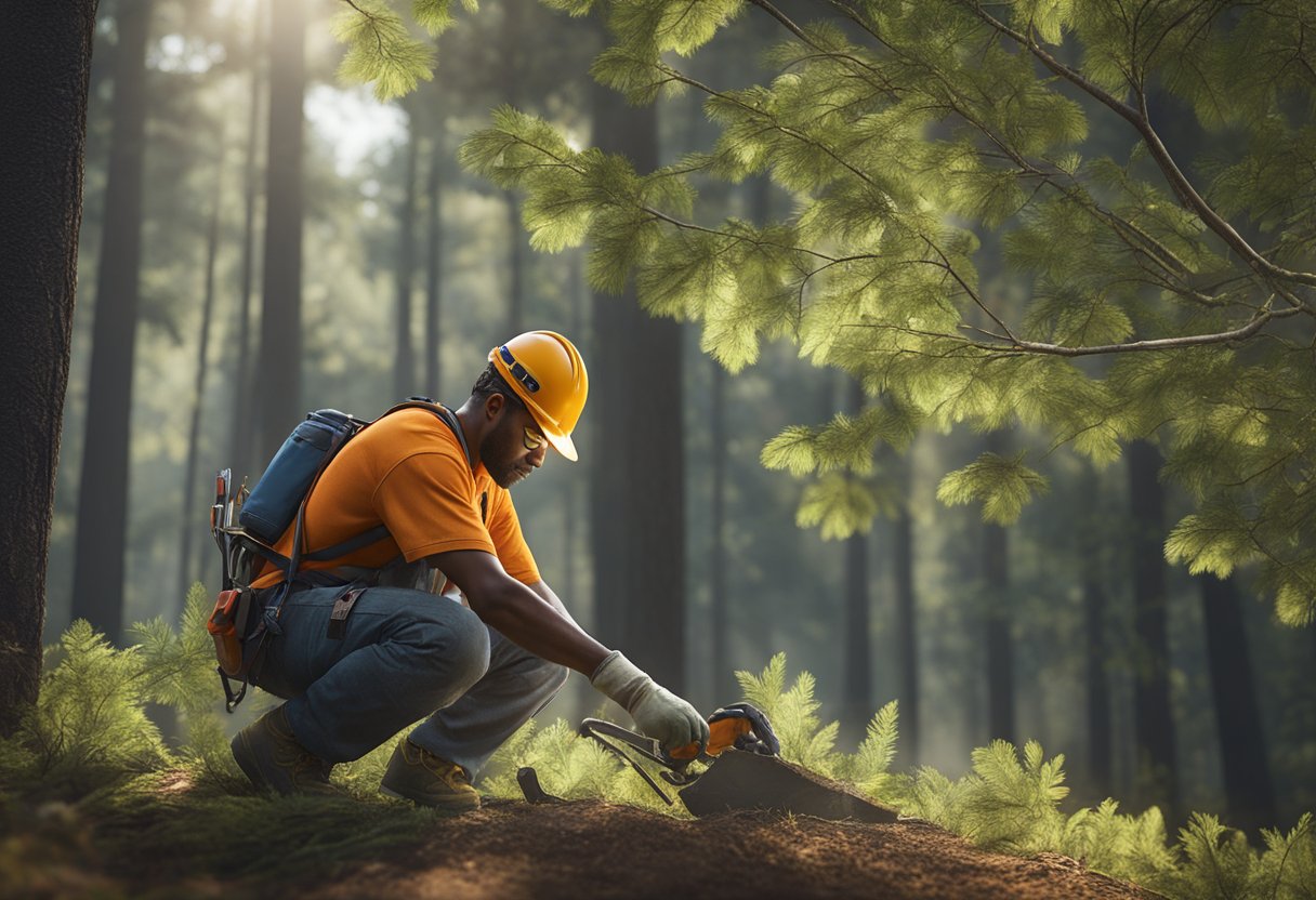 A tree maintenance worker trims branches, checks for pests, and treats diseases in a North Carolina forest