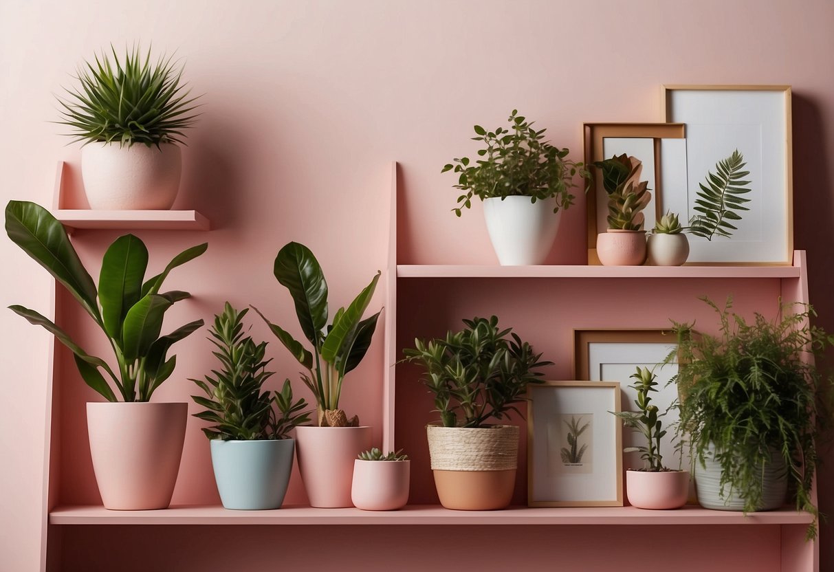 A pink wall adorned with framed art, hanging plants, and decorative shelves