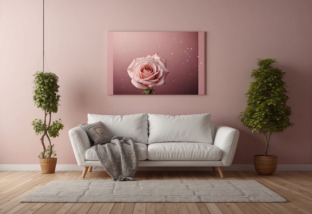 A dusty rose vinyl decal adorns a pink wall, adding a touch of elegance to the home decor