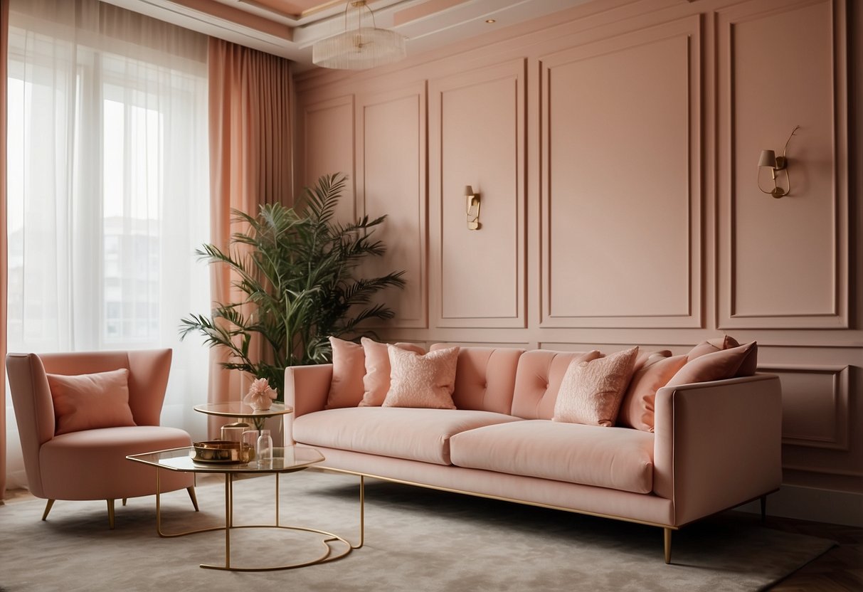 A room with peach velvet wall panels, creating a soft and luxurious ambiance. The pink hue adds warmth and elegance to the home decor