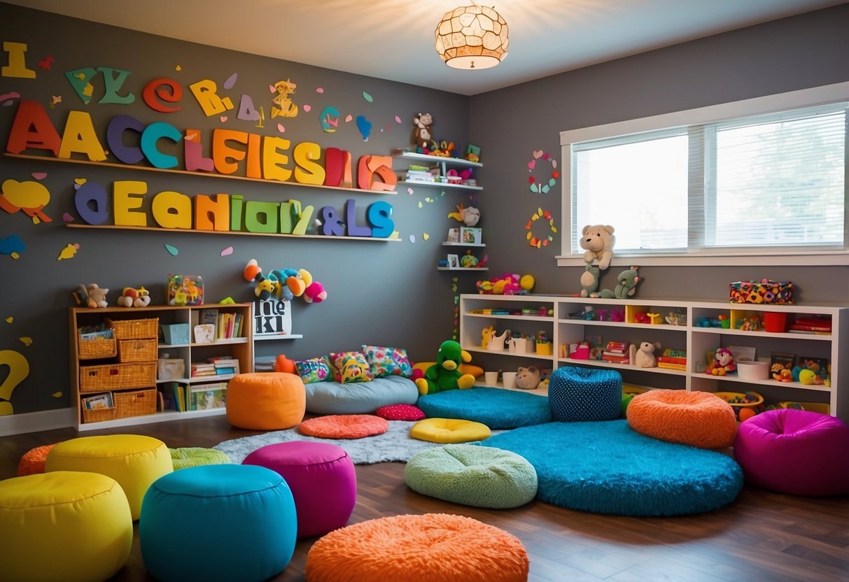 A colorful playroom with a wall covered in vibrant alphabet decals, a cozy reading nook with bean bag chairs, and a low table for crafts and games