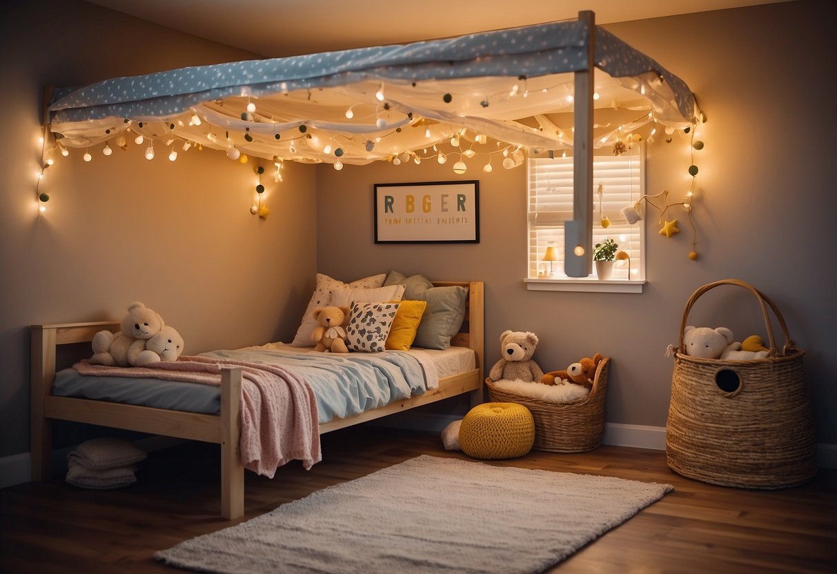 A colorful bunk bed with fairy lights, hanging paper lanterns, and a cozy reading nook underneath. Whimsical wall decals and a playful canopy complete the magical playroom decor