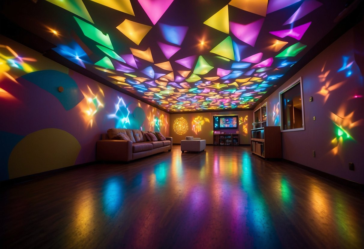 Colorful light patterns project onto the walls and ceiling of a playroom, creating a vibrant and interactive atmosphere. The room is filled with dynamic and ever-changing light displays, perfect for a fun and stimulating play space