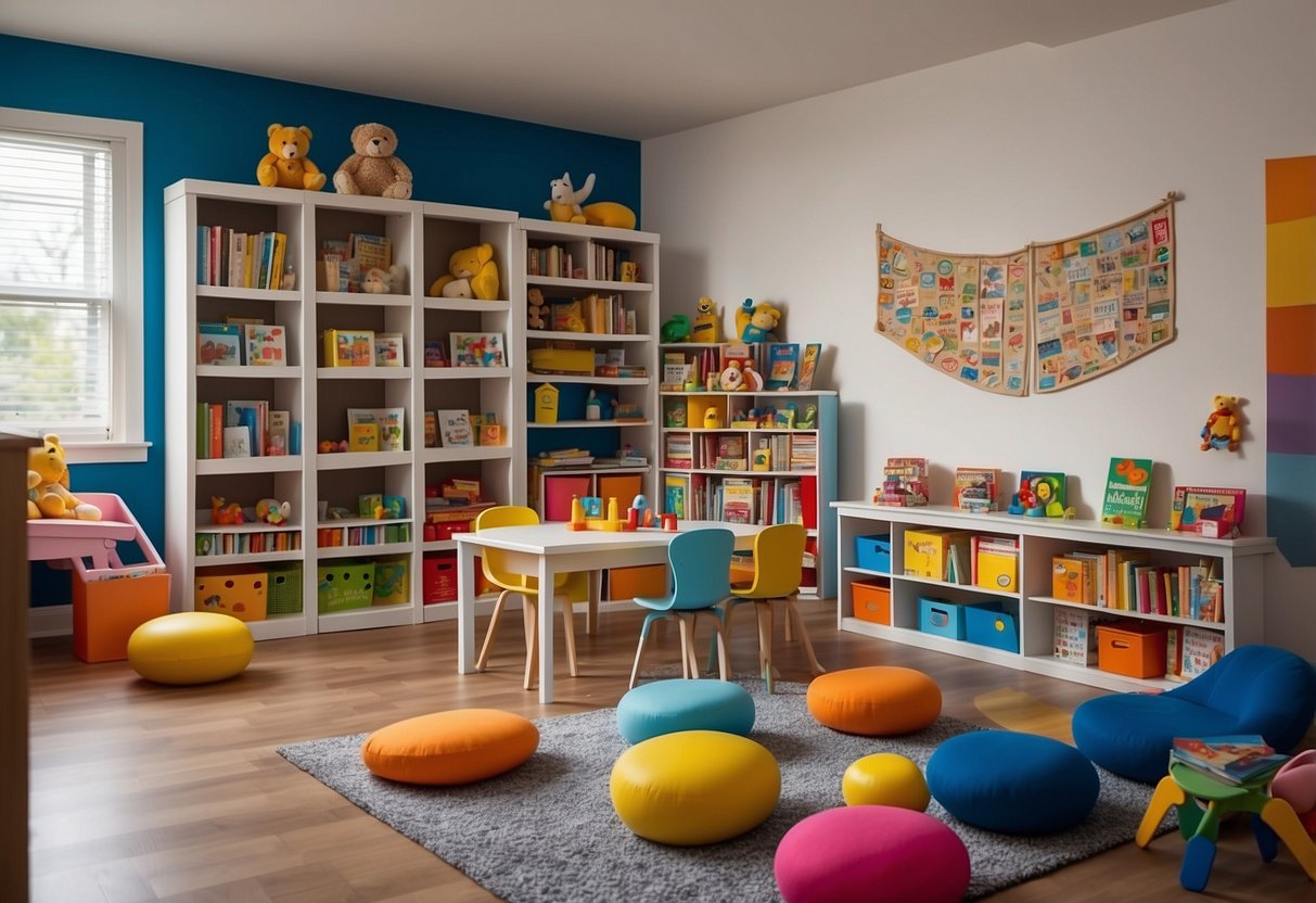 A colorful playroom with educational posters, alphabet wall decals, and a bookshelf filled with educational books and toys