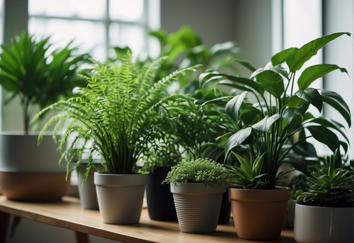 Lush green plants adorn the modern living room, placed in stylish pots on shelves and tables, adding a refreshing touch of nature to the home decor