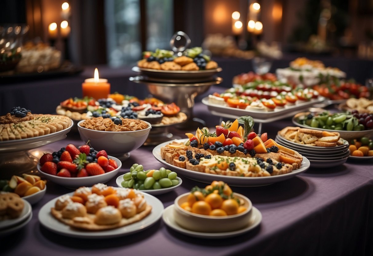 A beautifully decorated buffet table with a variety of colorful dishes and appetizers, surrounded by festive party decor and elegant tableware