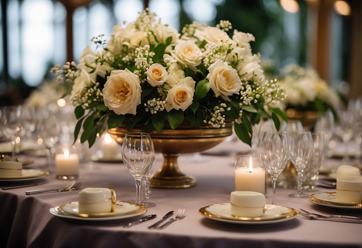 An elegant floral centerpiece adorns a buffet table, creating a beautiful decor for a home party