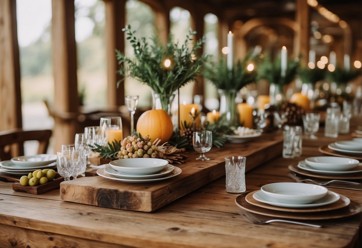 A rustic wooden buffet table adorned with tableware and party decor for a home party