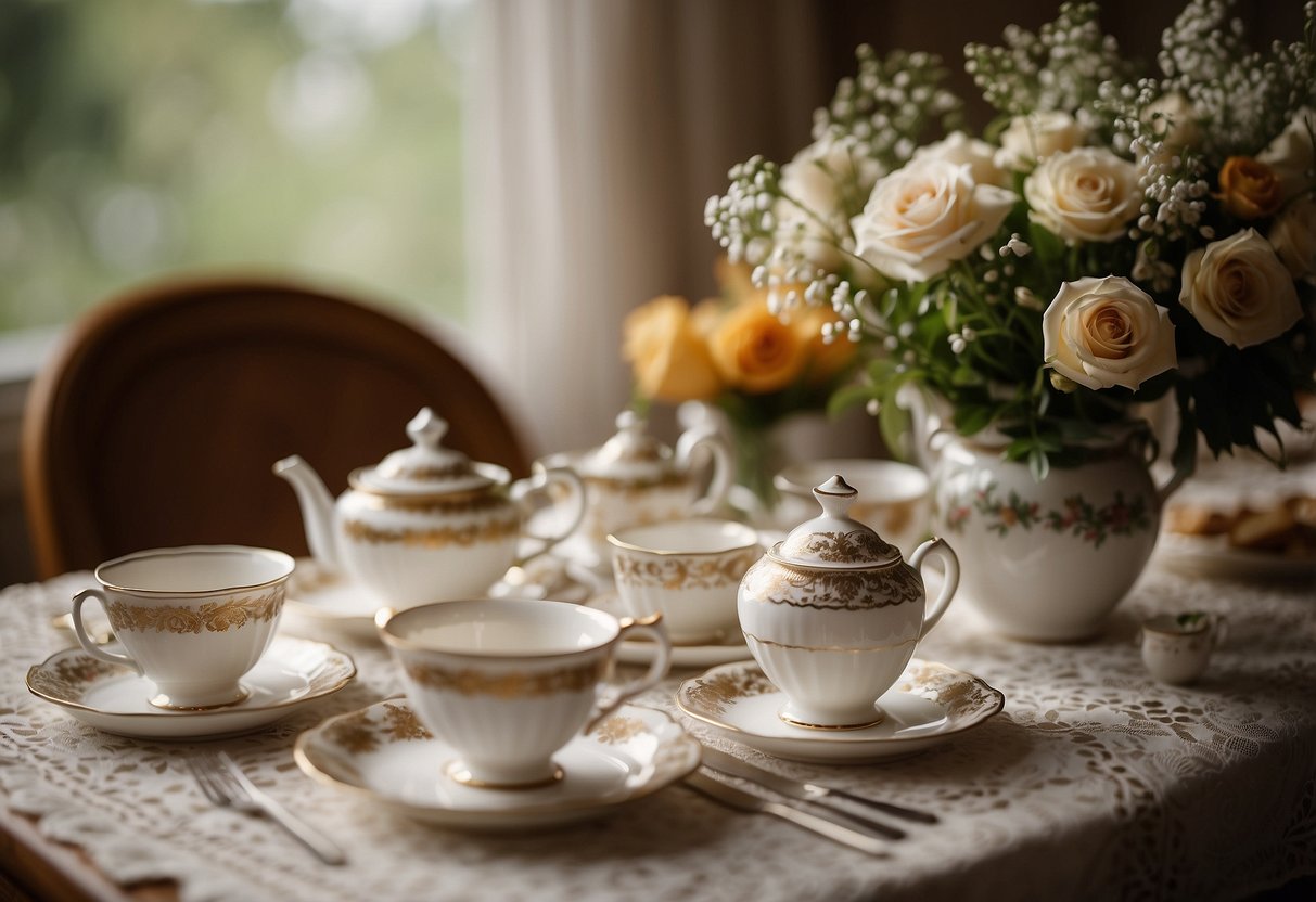 A table adorned with vintage tea sets, delicate floral arrangements, and dainty lace tablecloths. A warm, inviting ambiance for a home party