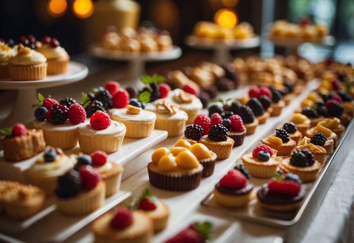 A variety of mini desserts displayed on a decorated buffet table for a home party