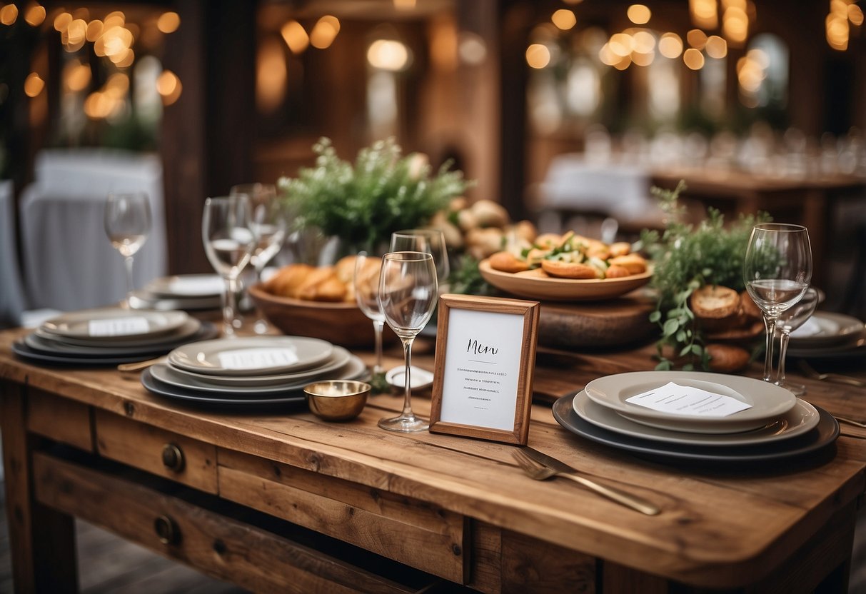 Personalized menu cards displayed on a rustic wooden buffet table, surrounded by elegant decor and party planning elements for a home party