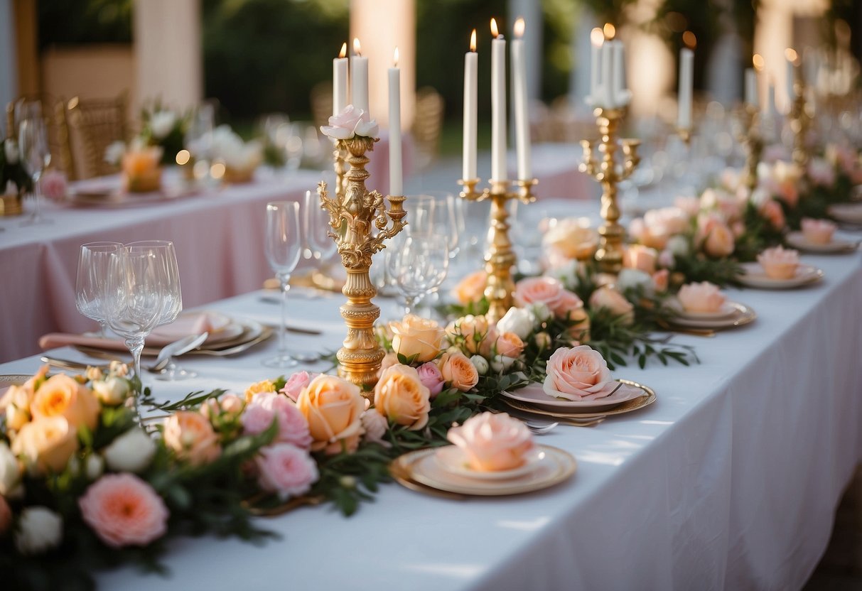 A pastel table runner lays across a buffet table adorned with decor for a home party