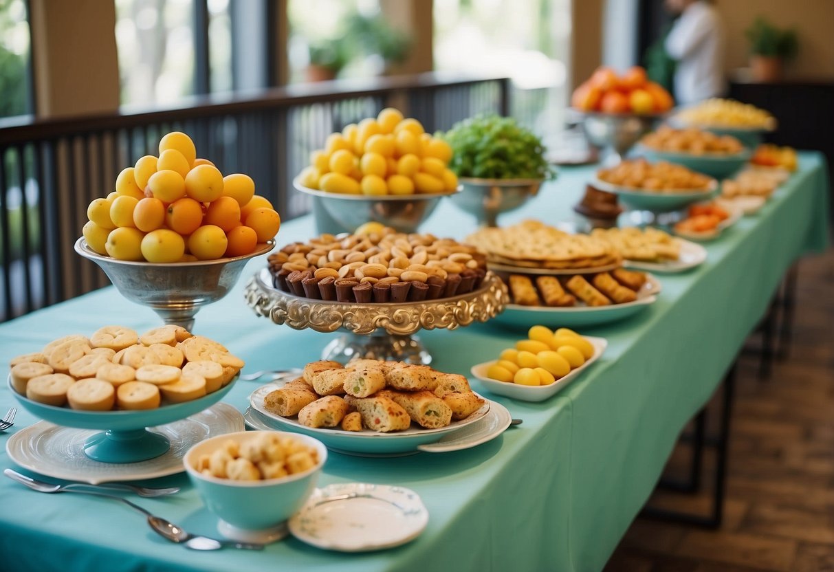 A colorful buffet table adorned with themed decor, set up for a lively party at home