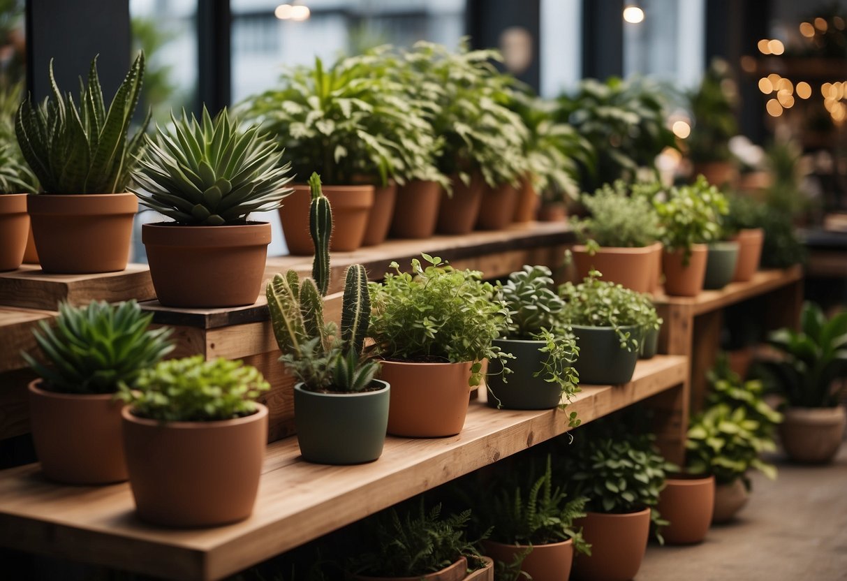 A variety of planters arranged on shelves and tables, featuring a mix of hanging, ceramic, and wooden designs. Green plants of different sizes and textures fill the planters, creating a lively and inviting atmosphere