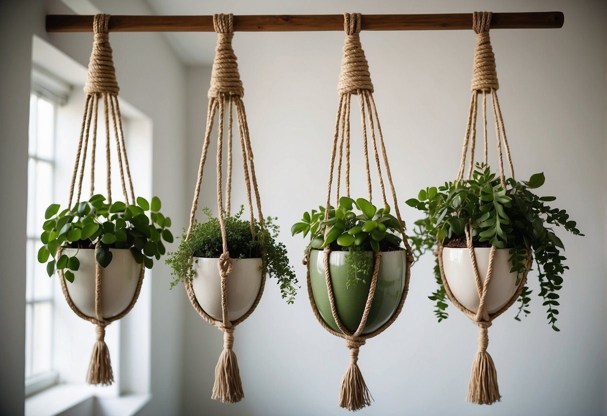 Three ceramic hanging planters in varying sizes and shapes, adorned with lush green foliage, suspended by macrame ropes against a white wall