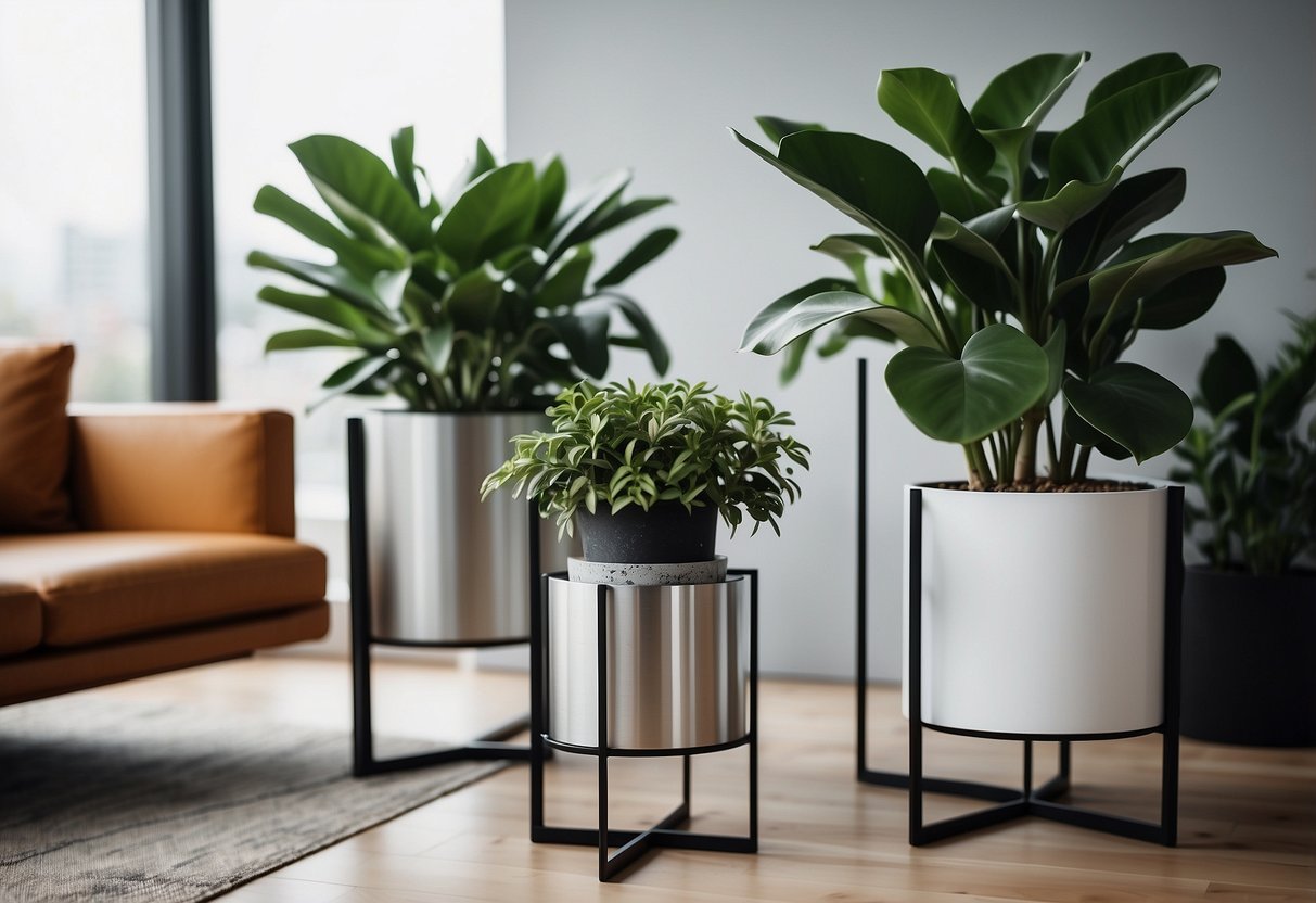 A sleek metal plant stand holds geometric pots, arranged in a modern living room with minimalist decor