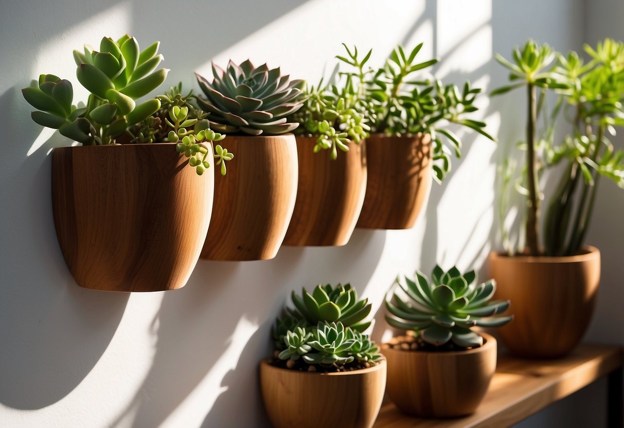 A teak wall planter hangs against a white wall, filled with vibrant green succulents and cascading vines. Sunlight streams through a nearby window, casting a warm glow on the natural wood