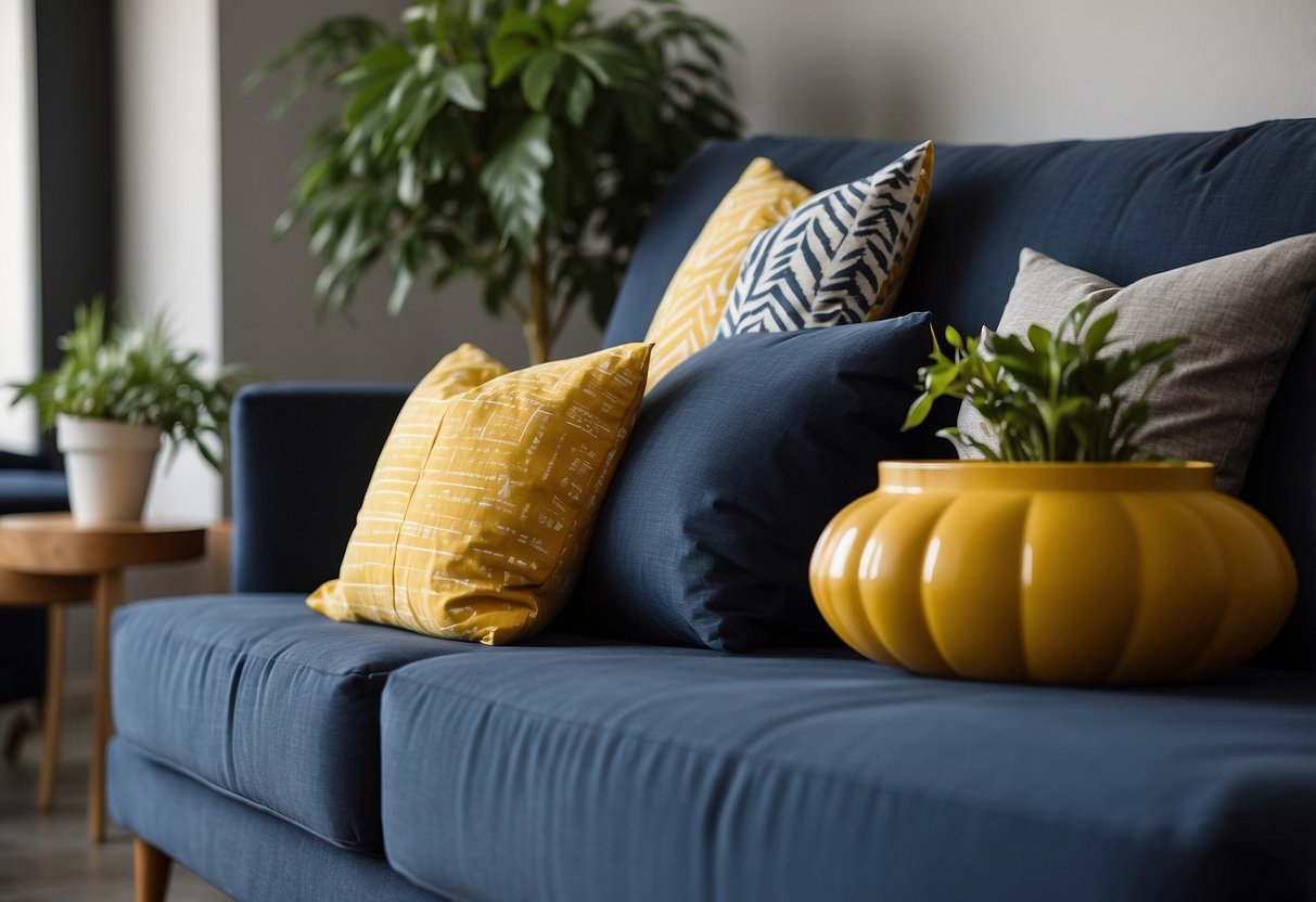 A bright yellow throw pillow on a navy blue couch, surrounded by neutral-colored decor and a vibrant green potted plant