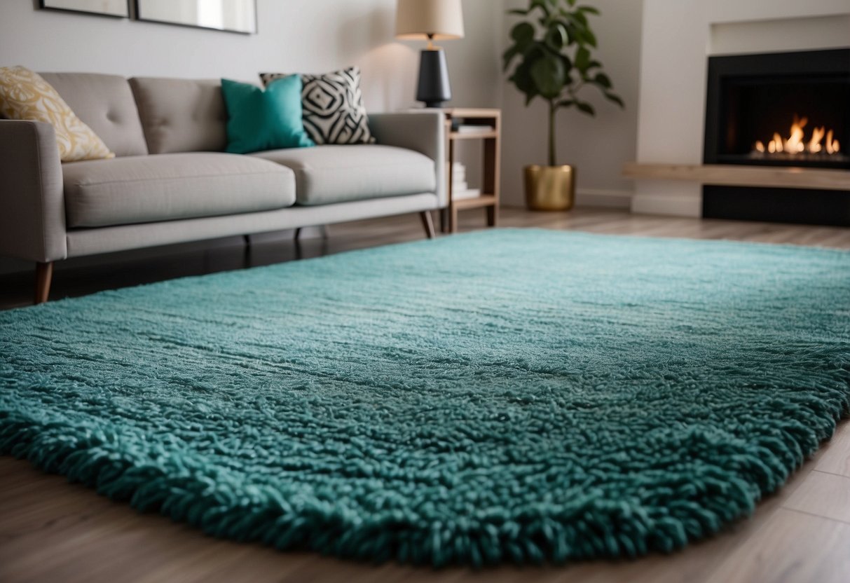 A vibrant turquoise area rug lies in the center of a minimalist living room, adding a pop of color to the otherwise neutral decor