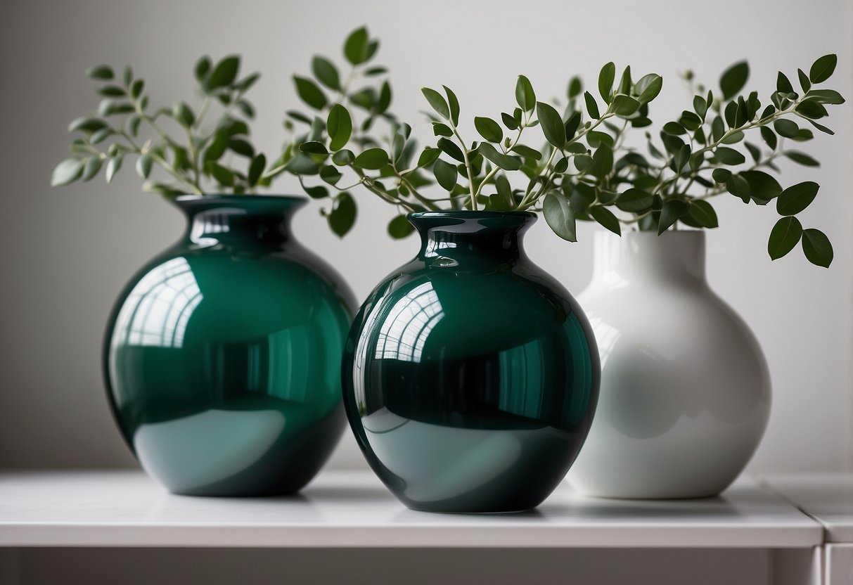 Three emerald green vases arranged on a white shelf, adding a pop of color to the minimalist home decor