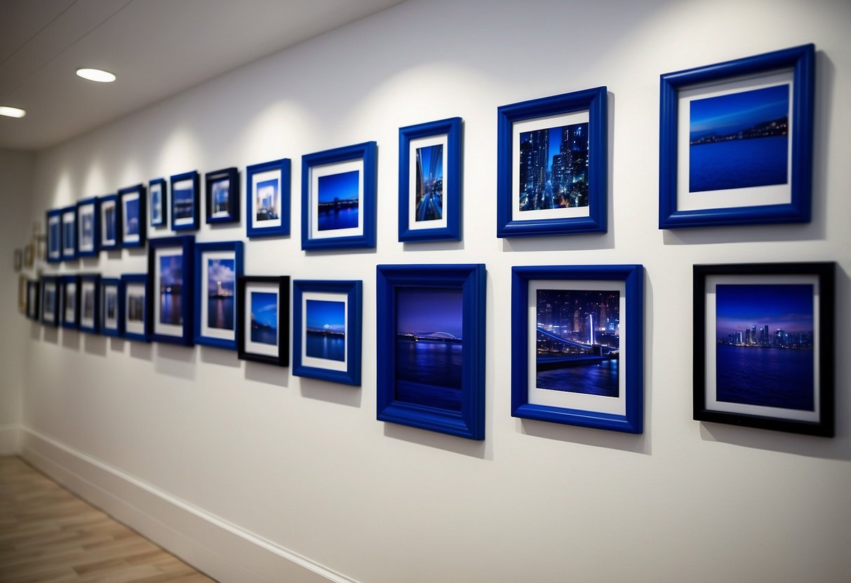 A collection of royal blue picture frames arranged on a white wall, adding a pop of color to the home decor