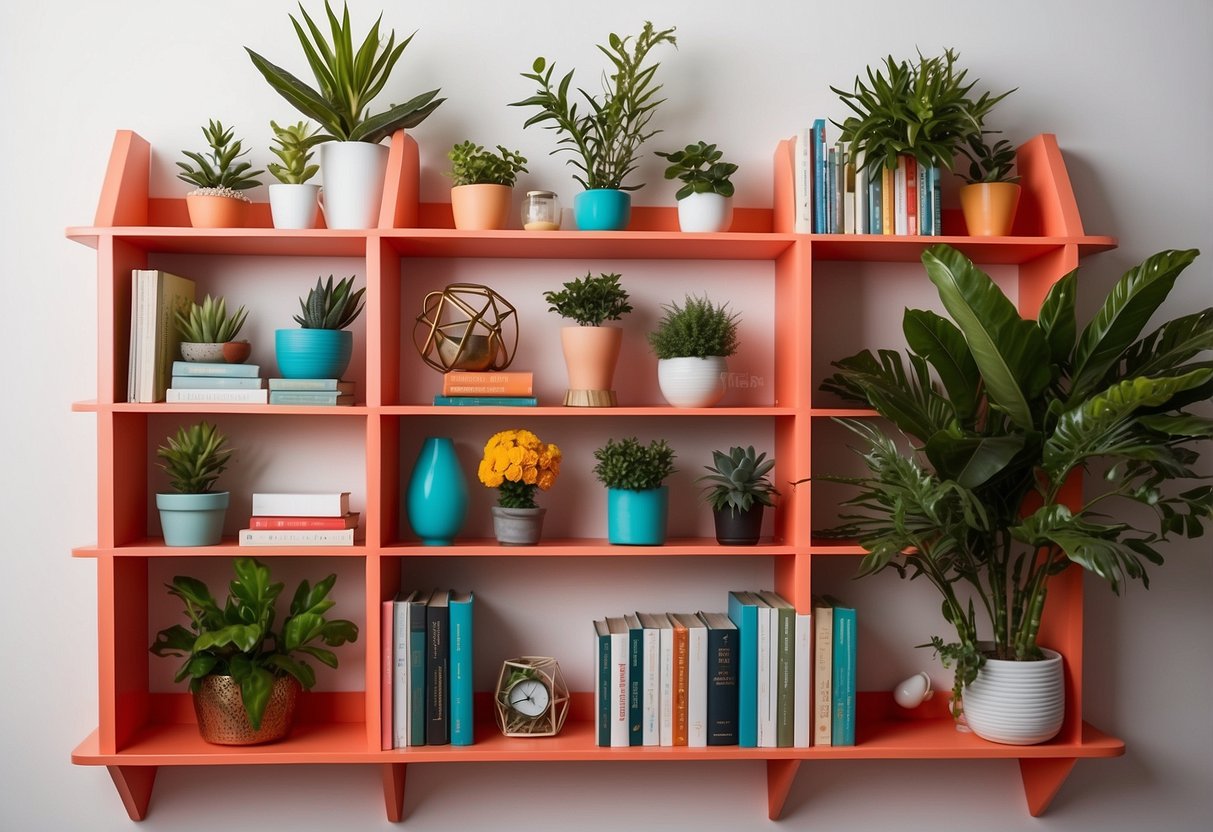 A vibrant coral bookshelf stands against a white wall, adorned with colorful decor and plants, adding a lively pop of color to the room