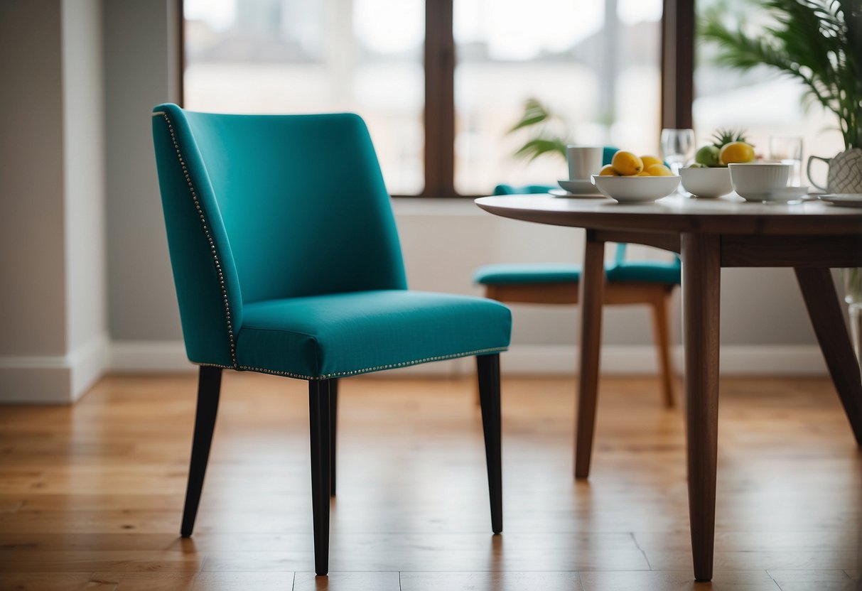 A bright teal dining chair stands out against a neutral backdrop, adding a vibrant pop of color to the room's decor