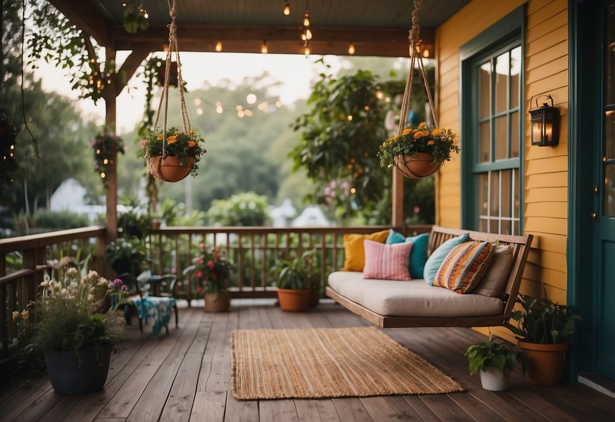 A cozy porch with a hanging swing, potted plants, and string lights. A small table with chairs and colorful cushions completes the inviting atmosphere