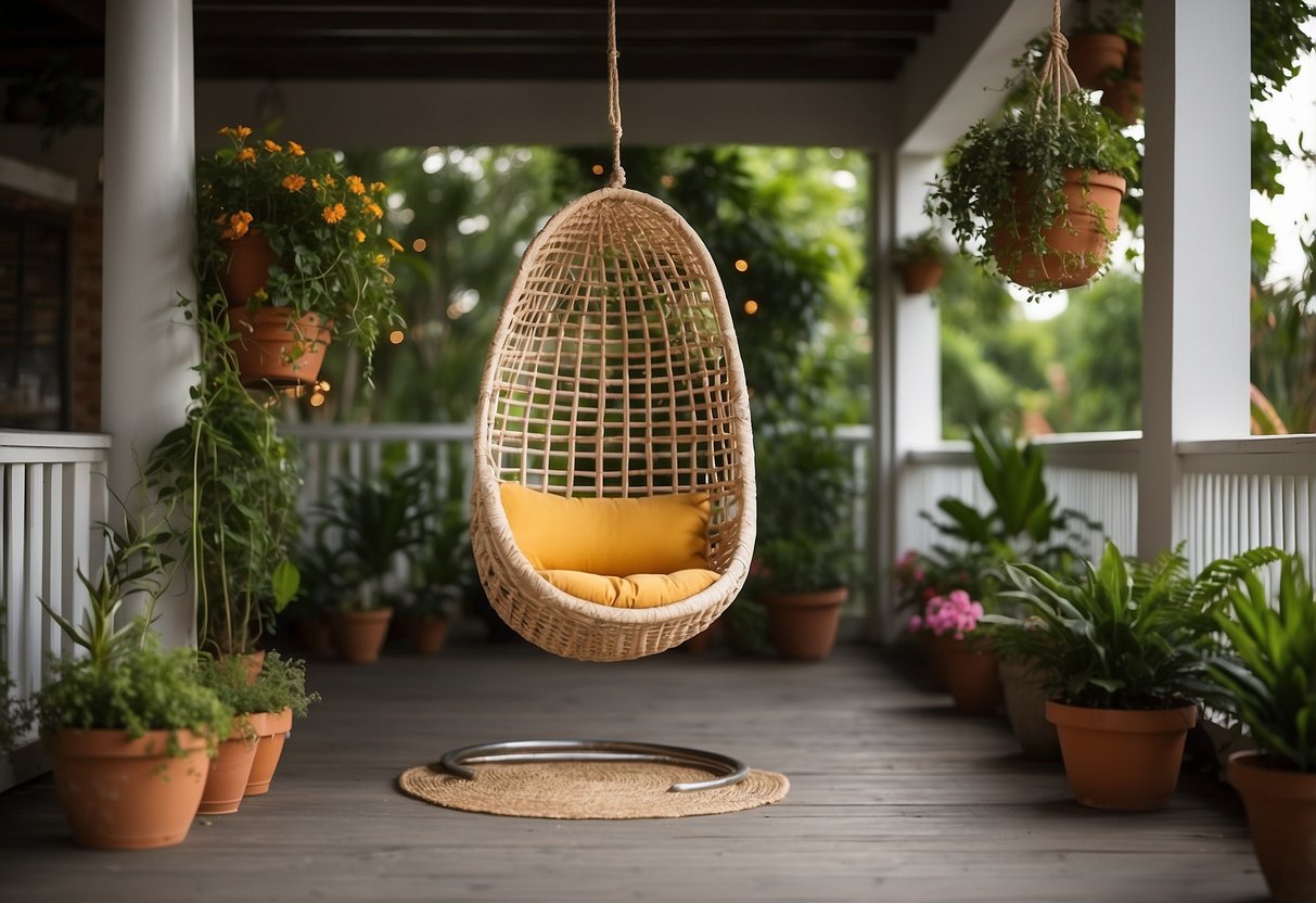 A wicker chair hanging from a porch ceiling, surrounded by potted plants and colorful throw pillows