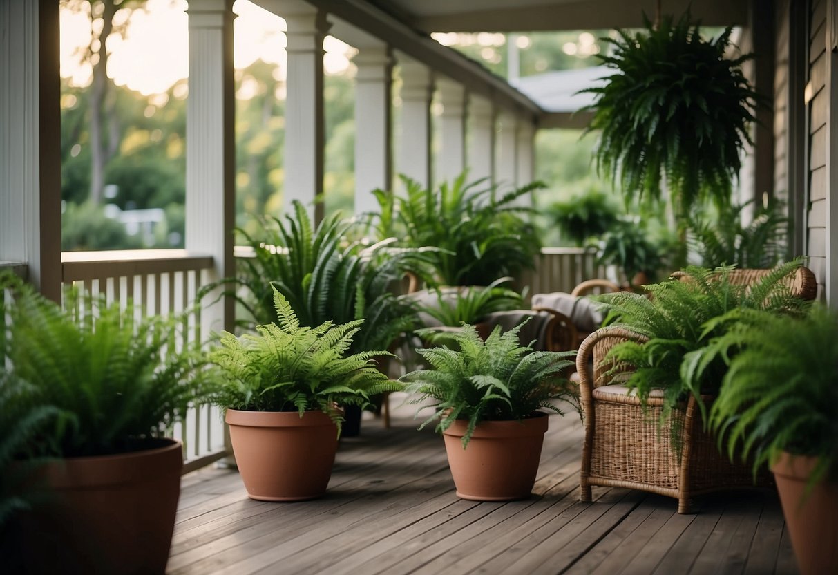 Lush potted ferns arranged on a porch, surrounded by cozy seating and soft lighting, creating a tranquil and inviting outdoor space