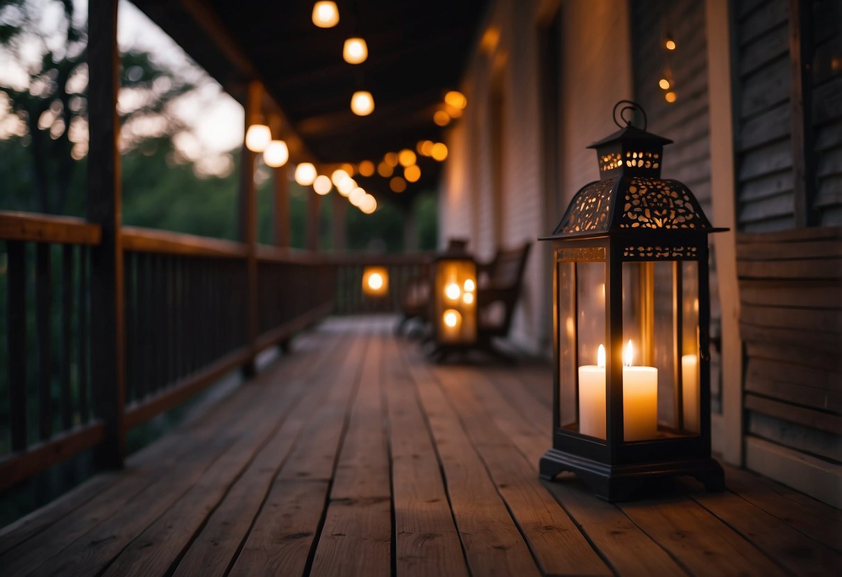 A porch adorned with lantern candleholders, casting a warm glow in the evening