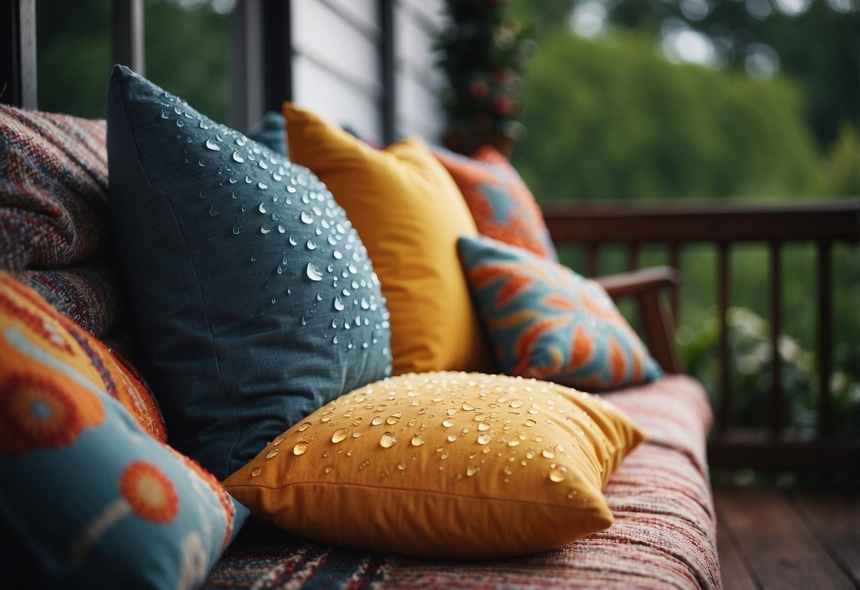 Colorful throw pillows arranged on a porch swing, with raindrops splashing on the cushions and a cozy blanket draped over the armrest